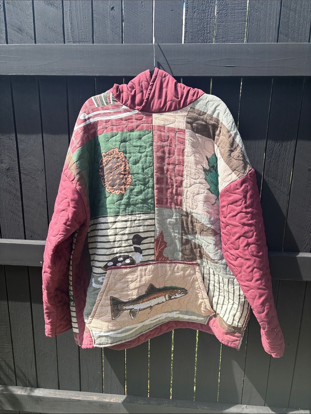 Patchwork Quilted Jacket with Fish Motif - Moose on back Rose and Green